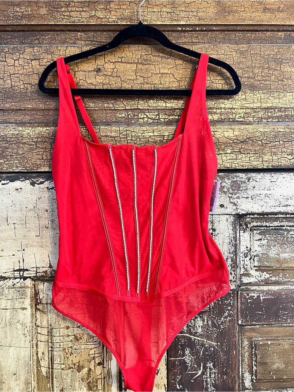 NWT Size L | Stunning Red Rhinestone Corset Bodysuit | Sheer Mesh